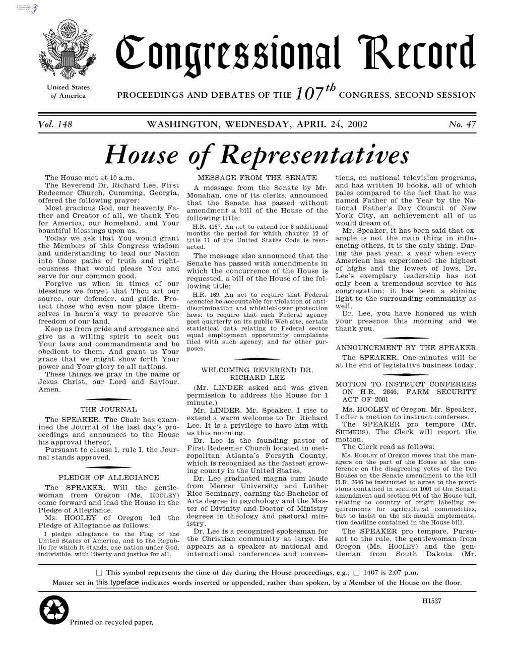 Congressional Record United States Th of America PROCEEDINGS and DEBATES of the 107 CONGRESS, SECOND SESSION