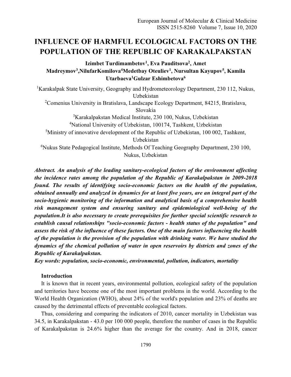 Influence of Harmful Ecological Factors on the Population of the Republic of Karakalpakstan