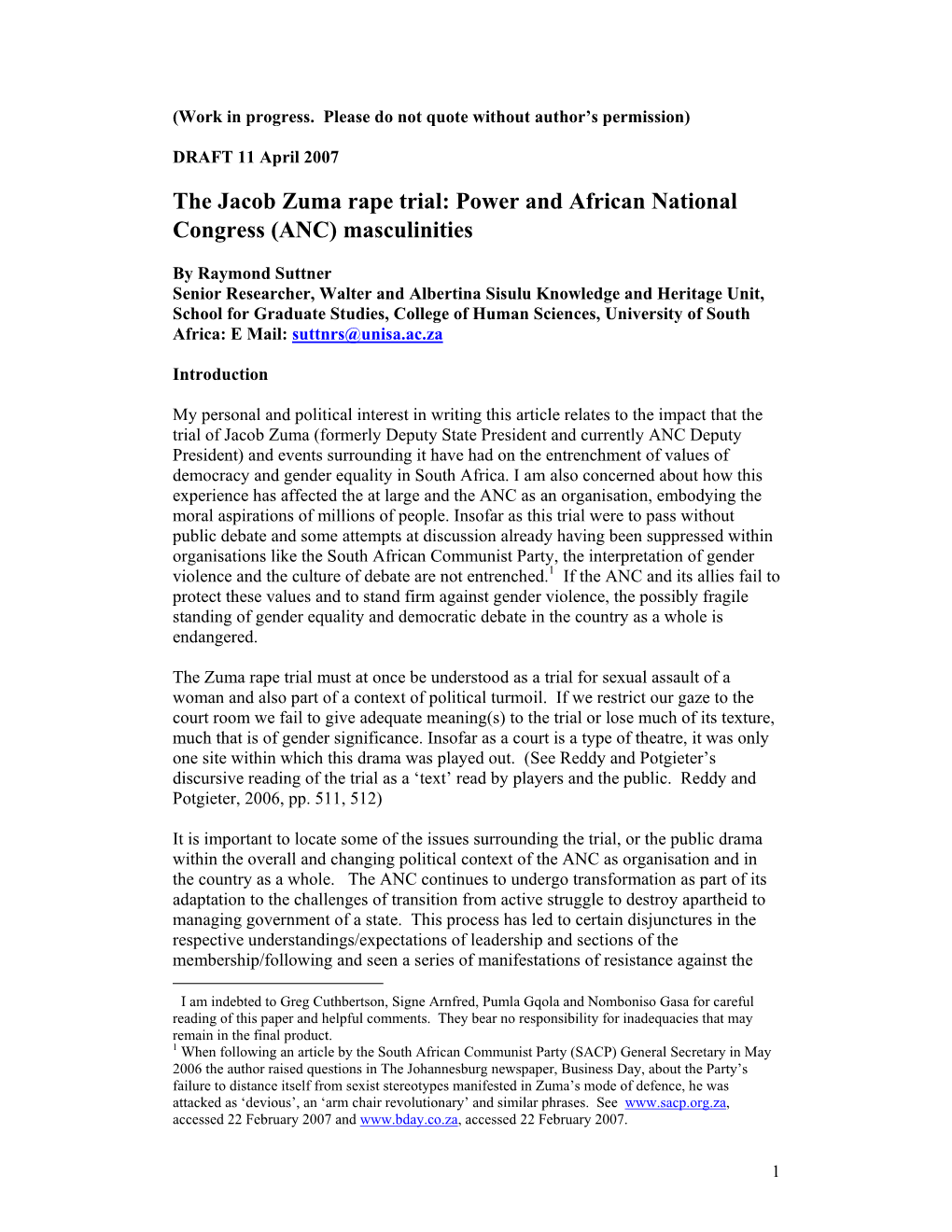 The Jacob Zuma Rape Trial: Power and African National ∗ Congress (ANC) Masculinities ∗∗