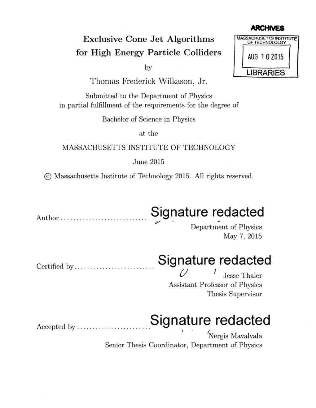 Signature Redacted Department of Physics May 7, 2015