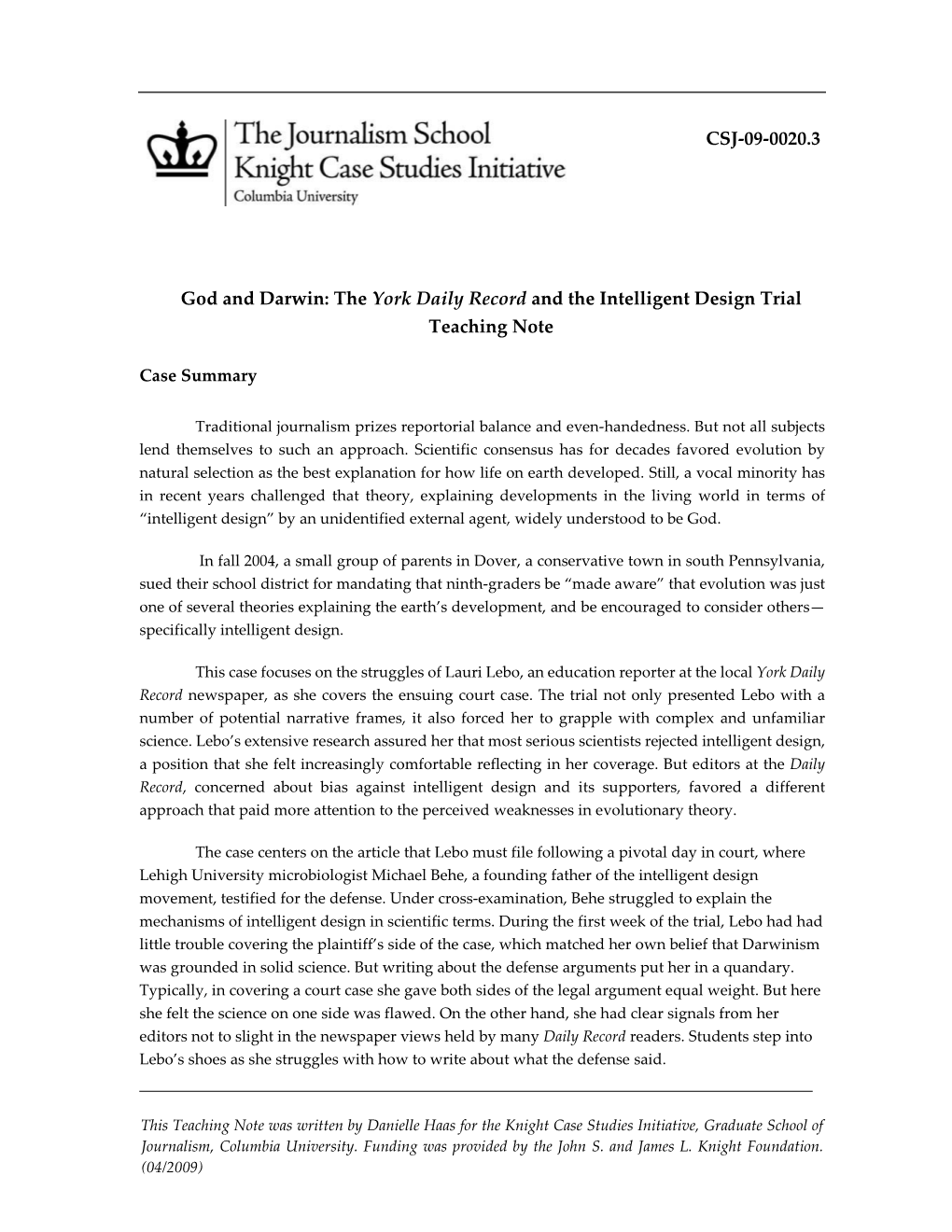 God and Darwin: the York Daily Record and the Intelligent Design Trial Teaching Note