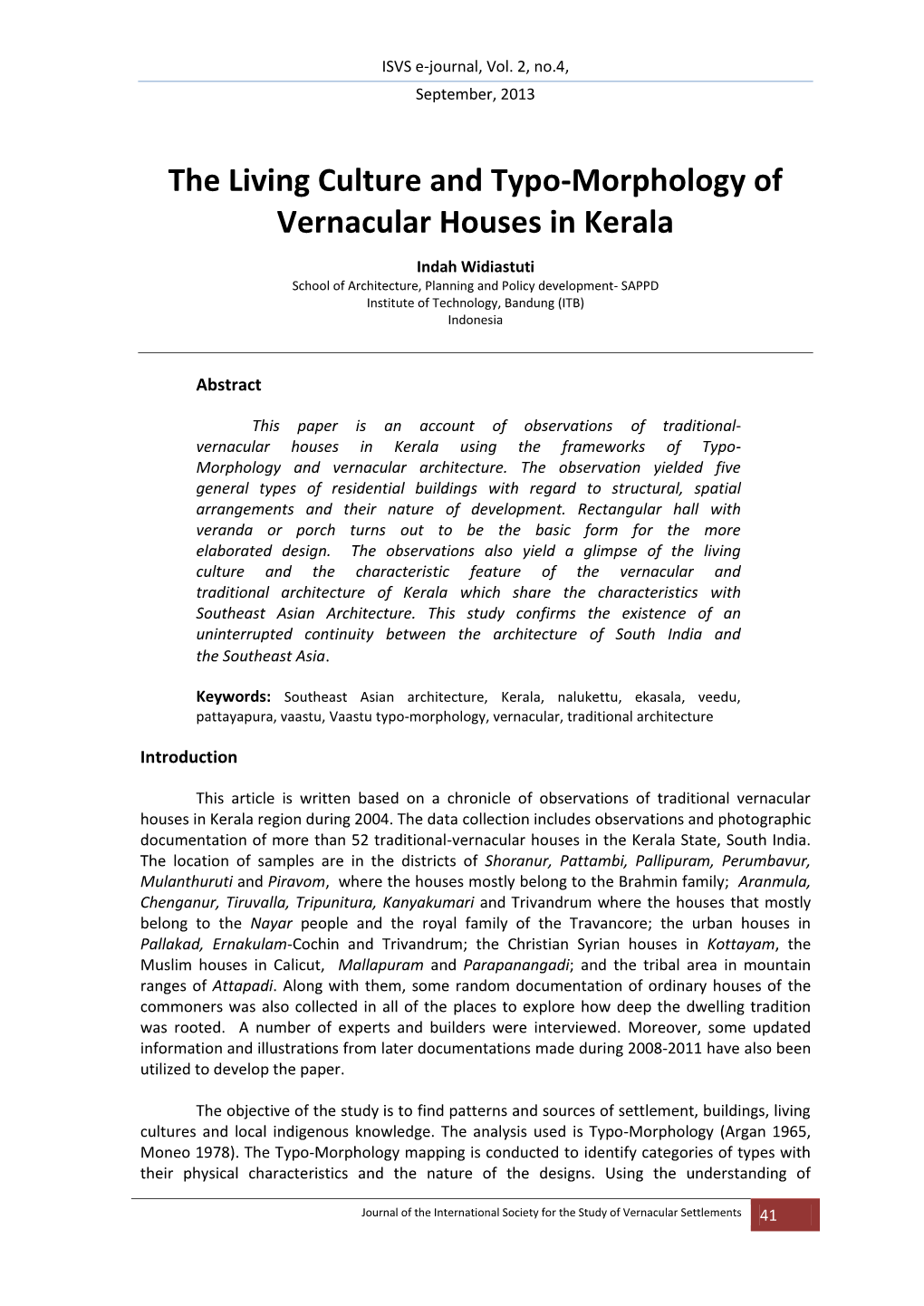 The Living Culture and Typo-Morphology of Vernacular Houses in Kerala