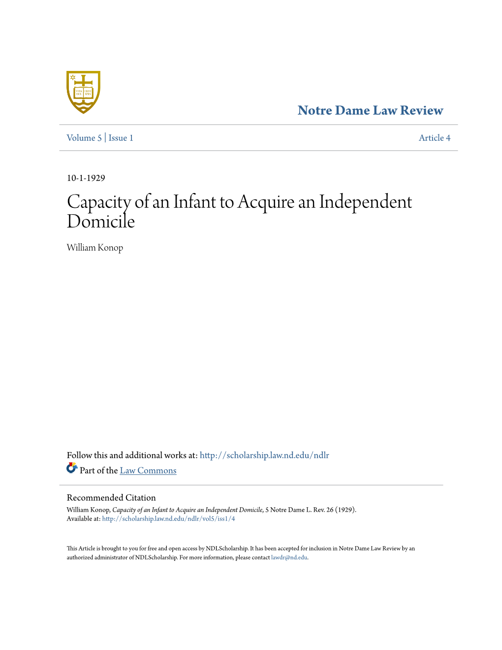 Capacity of an Infant to Acquire an Independent Domicile William Konop