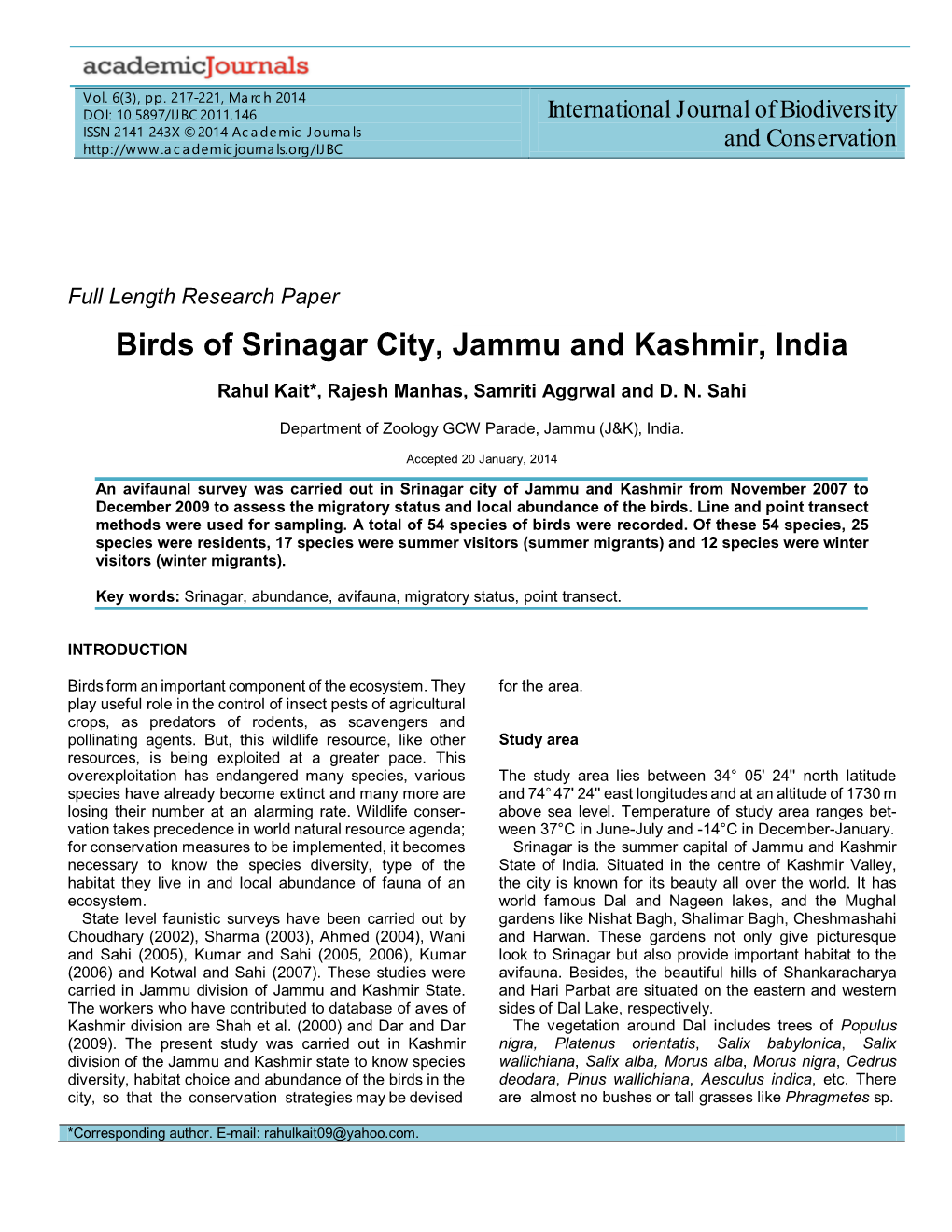Birds of Srinagar City, Jammu and Kashmir, India