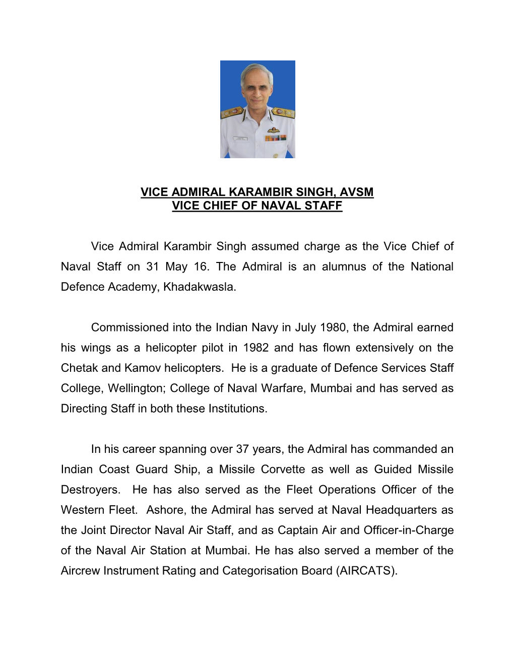 Vice Admiral Karambir Singh, Avsm Vice Chief of Naval Staff