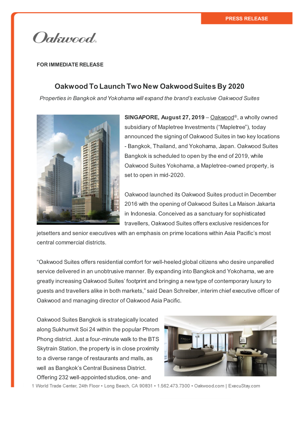 Oakwood to Launch Two New Oakwood Suites by 2020 Properties in Bangkok and Yokohama Will Expand the Brand’S Exclusive Oakwood Suites