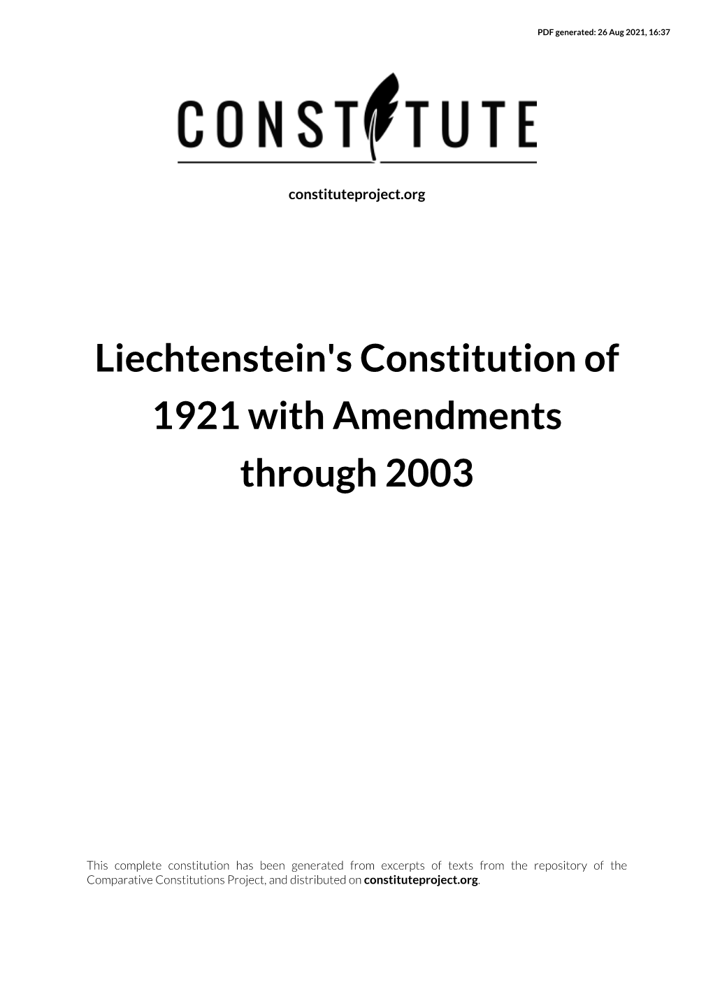 Liechtenstein's Constitution of 1921 with Amendments Through 2003