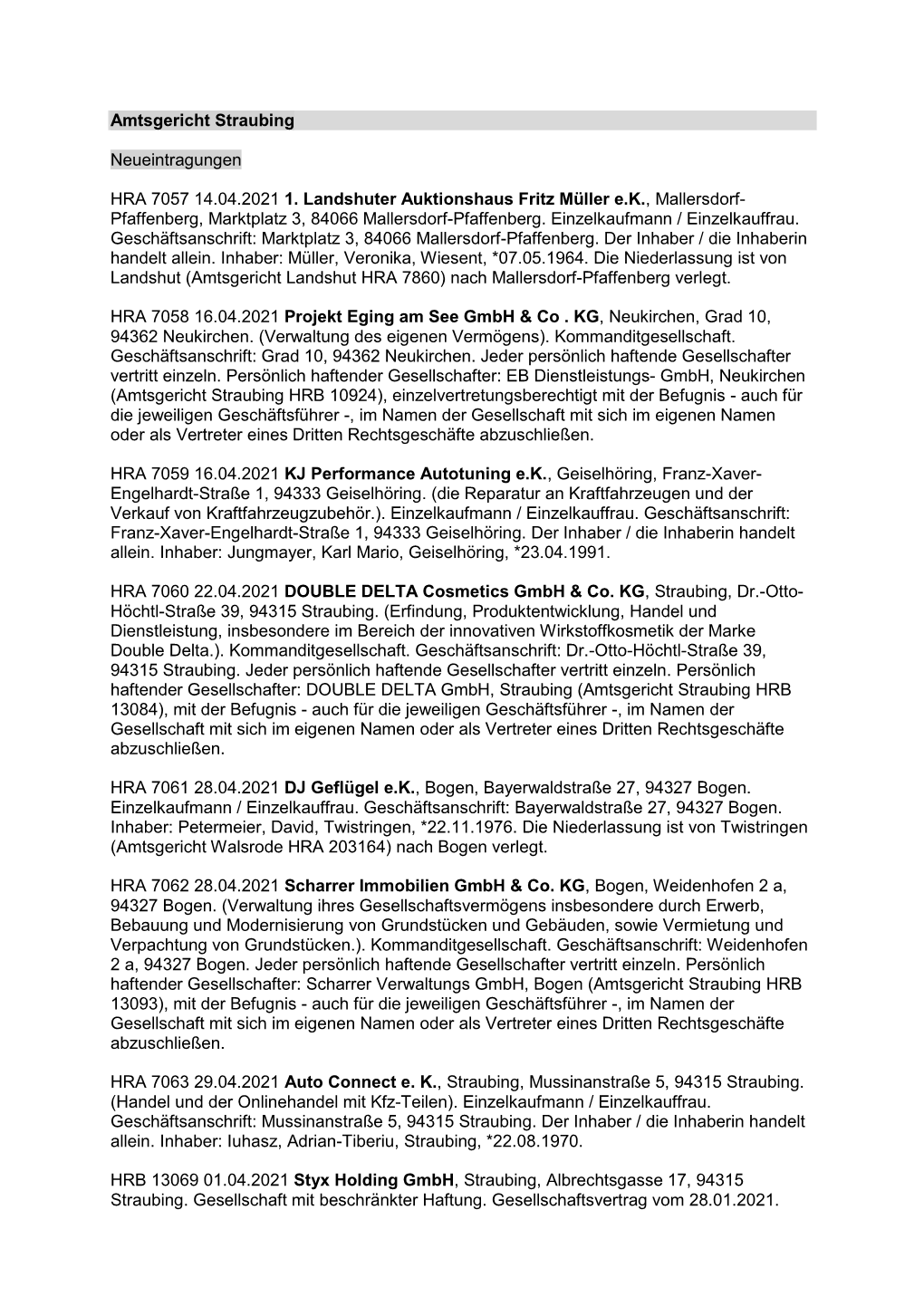 Handelsregister April 2021 Amtsgericht Straubing