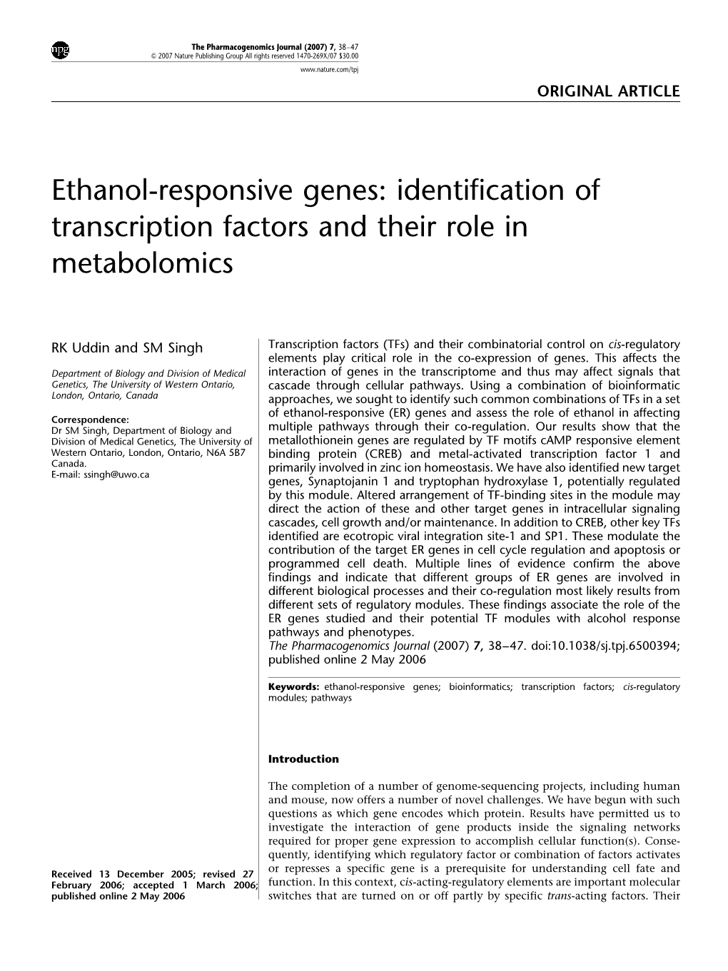 Ethanol-Responsive Genes: Identification of Transcription Factors and Their Role in Metabolomics