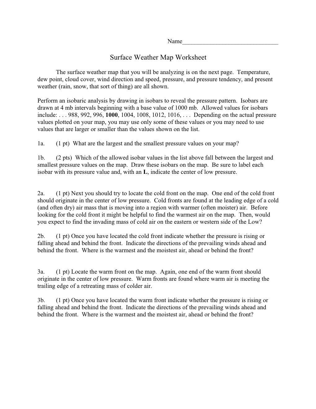 Surface Weather Map Worksheet