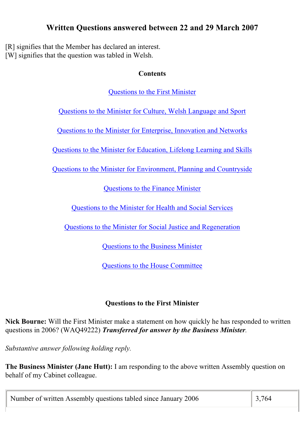 Written Questions Answered Between 22 and 29 March 2007