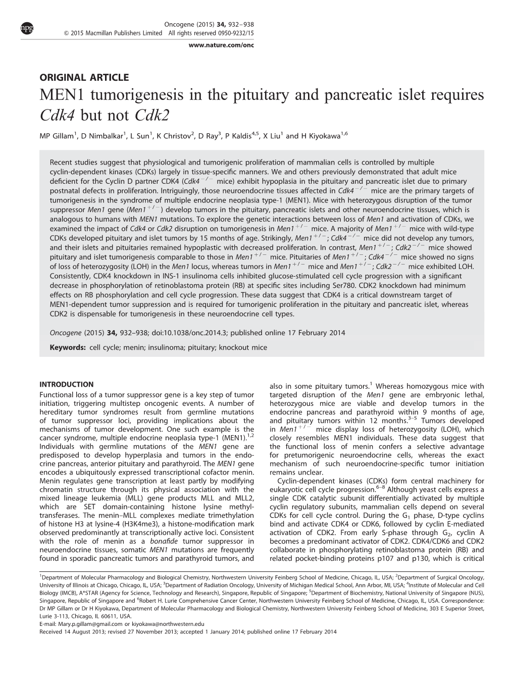 MEN1 Tumorigenesis in the Pituitary and Pancreatic Islet Requires Cdk4 but Not Cdk2