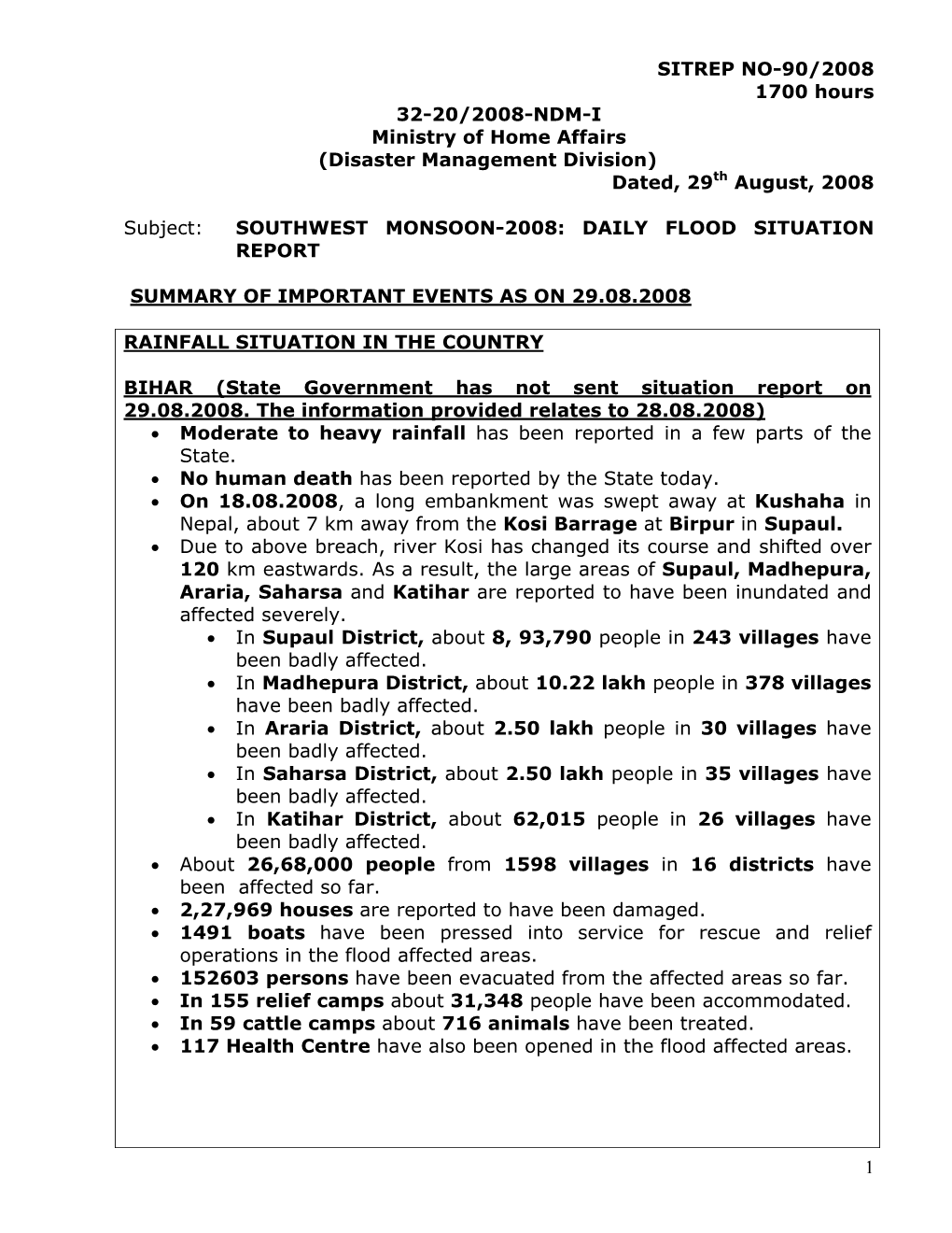 (Disaster Management Division) Dated, 29Th August, 2008