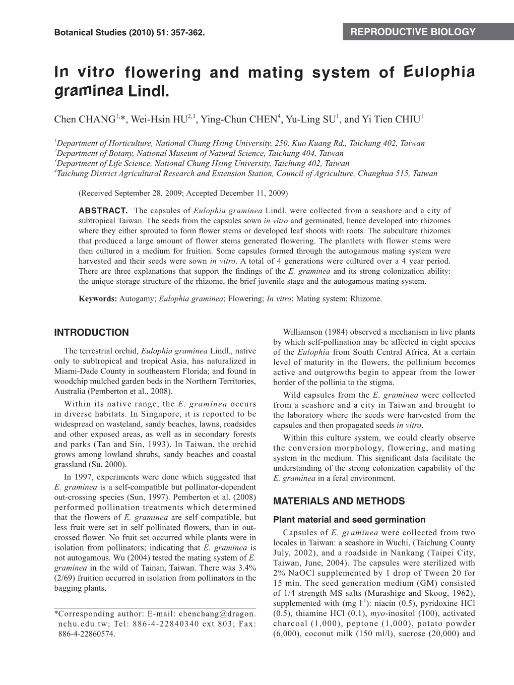 In Vitro Flowering and Mating System of Eulophia Graminea Lindl