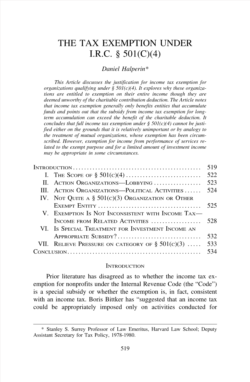 The Tax Exemption Under Irc § 501(C)