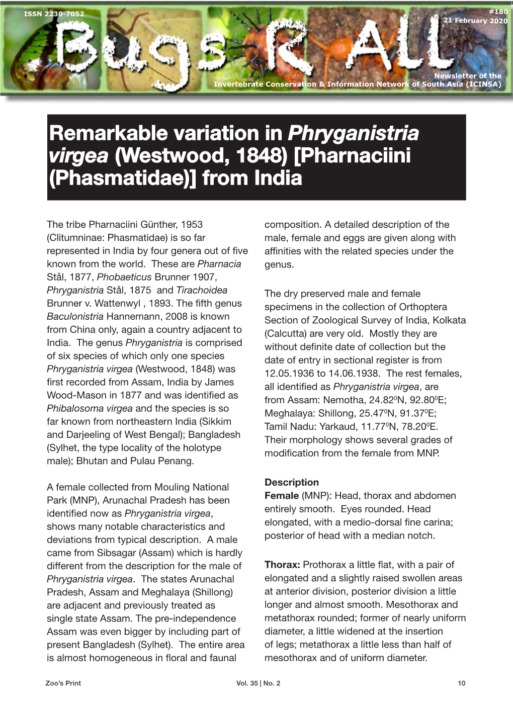 Remarkable Variation in Phryganistria Virgea (Westwood, 1848) [Pharnaciini (Phasmatidae)] from India