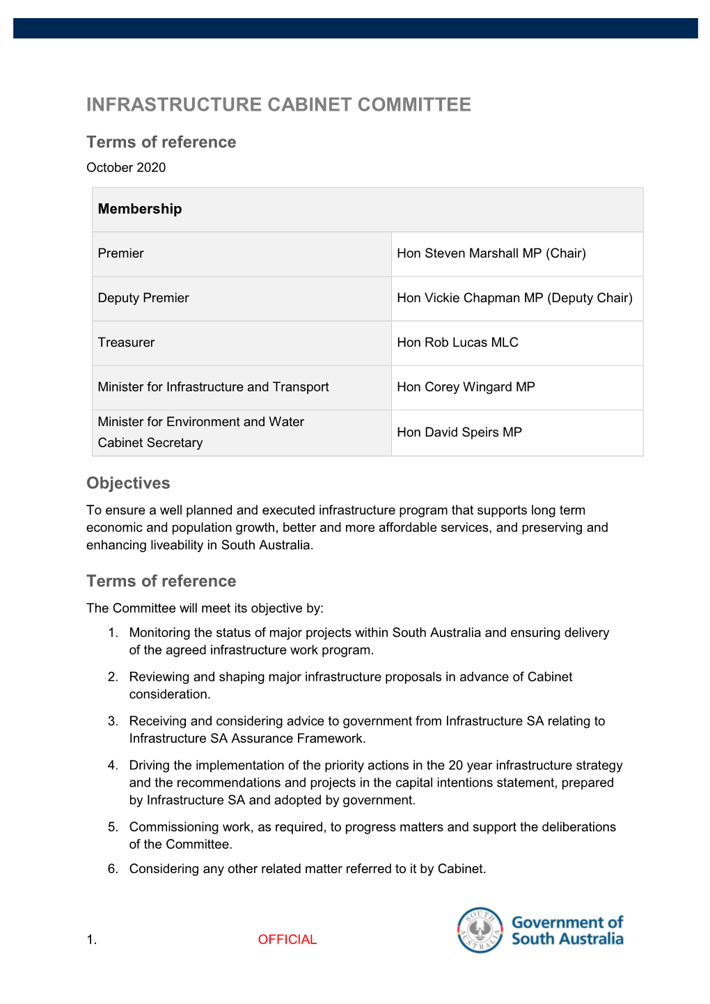 Infrastructure Cabinet Committee Terms of Reference