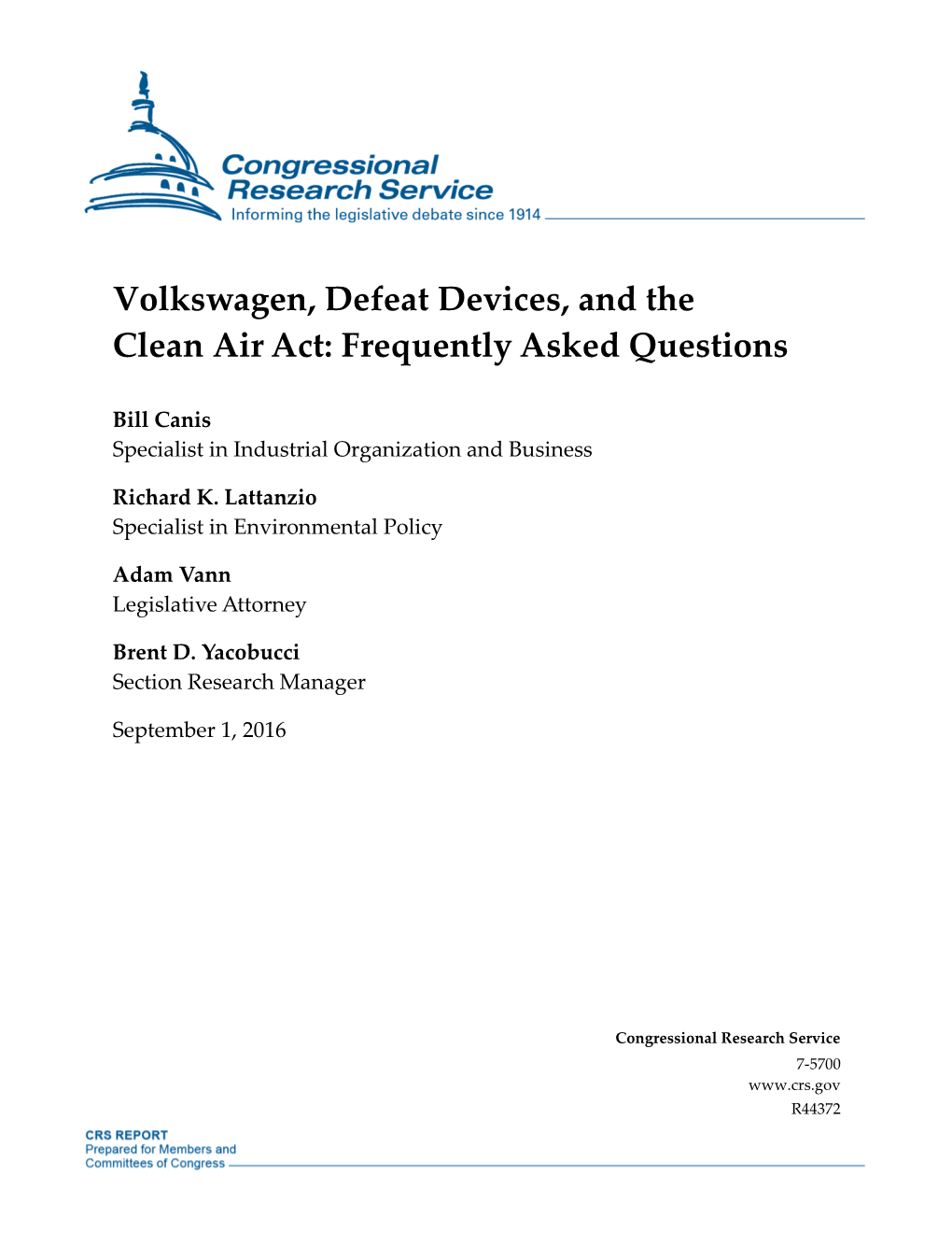 Volkswagen, Defeat Devices, and the Clean Air Act: Frequently Asked Questions