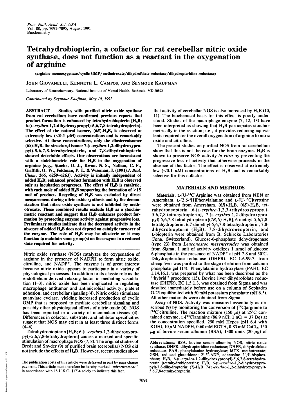 Tetrahydrobiopterin, a Cofactor for Rat Cerebellar Nitric Oxide Synthase