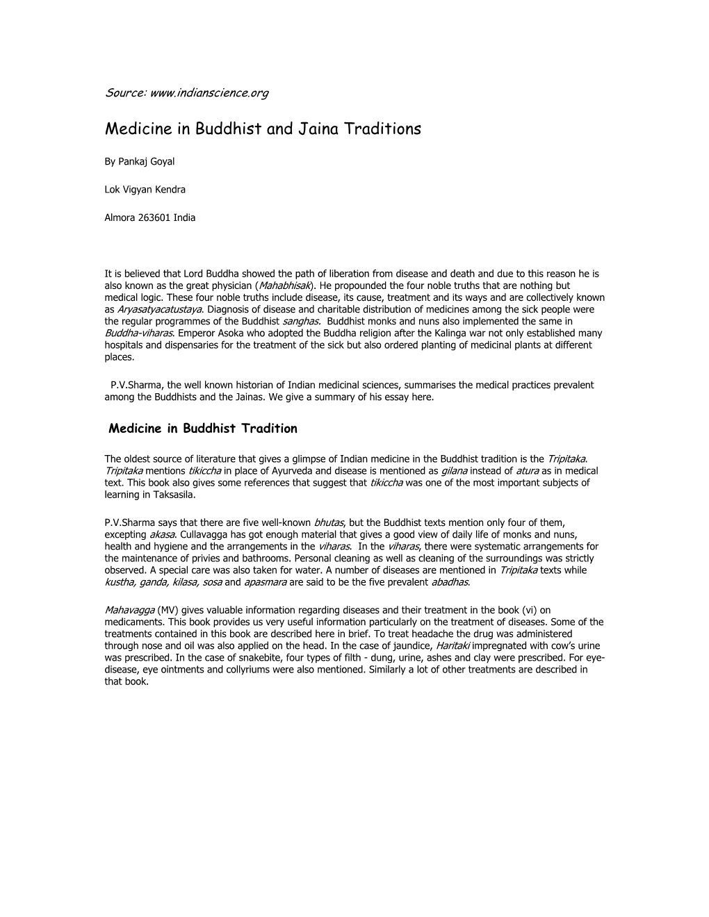 Medicine in Buddhist and Jaina Traditions