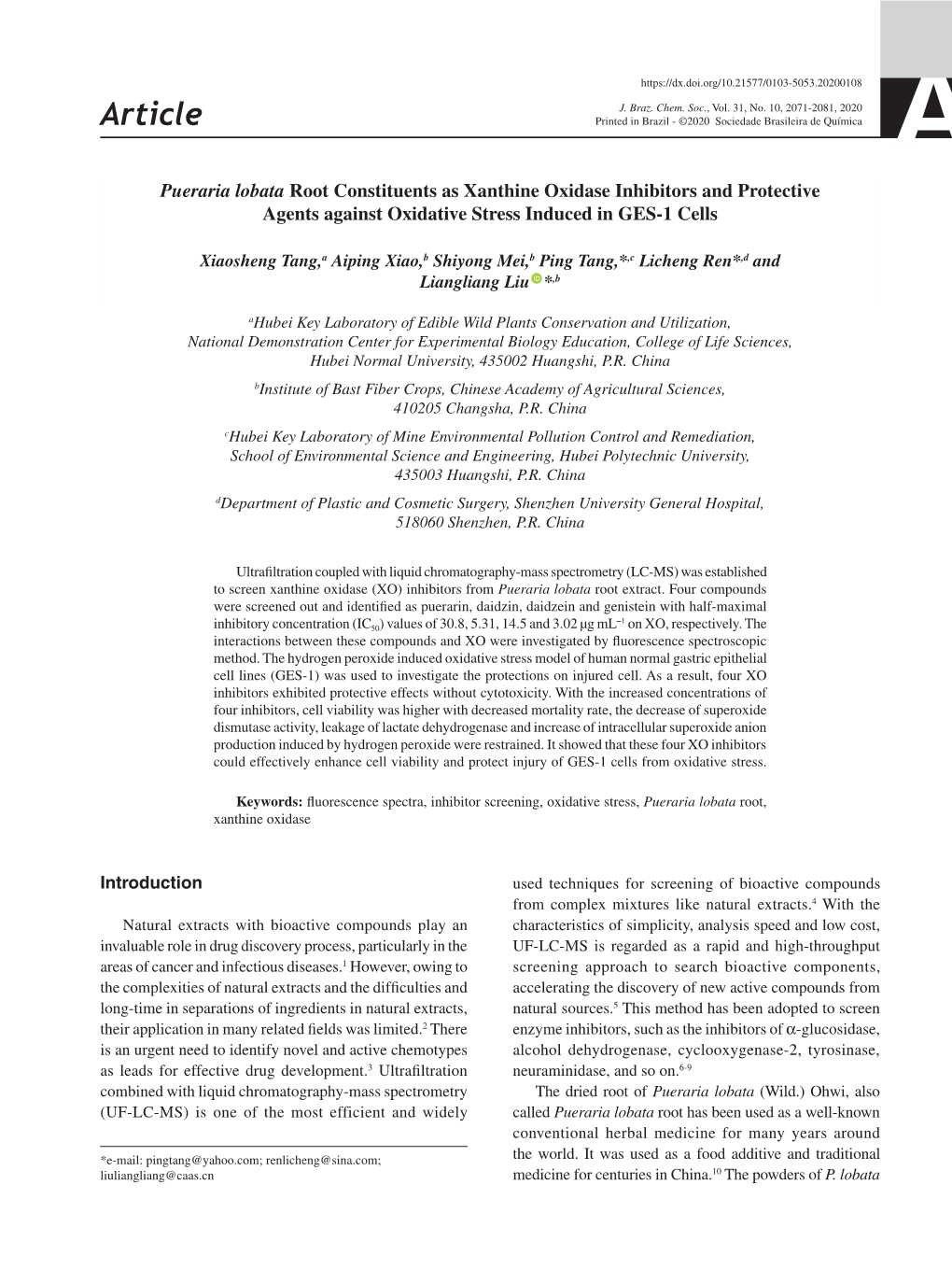 Pueraria Lobata Root Constituents As Xanthine Oxidase Inhibitors and Protective Agents Against Oxidative Stress Induced in GES-1 Cells