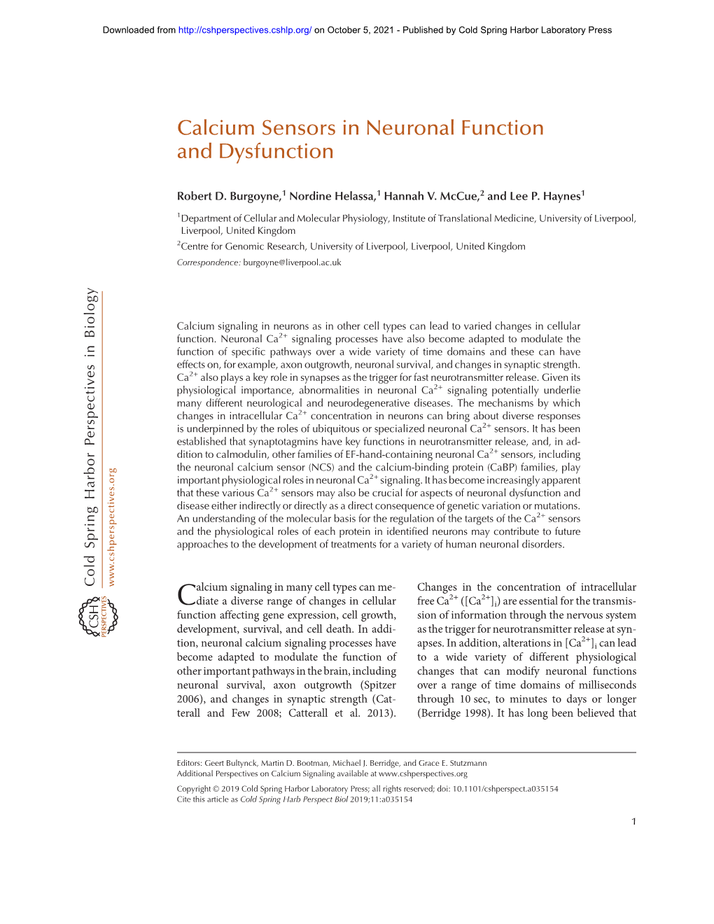 Calcium Sensors in Neuronal Function and Dysfunction
