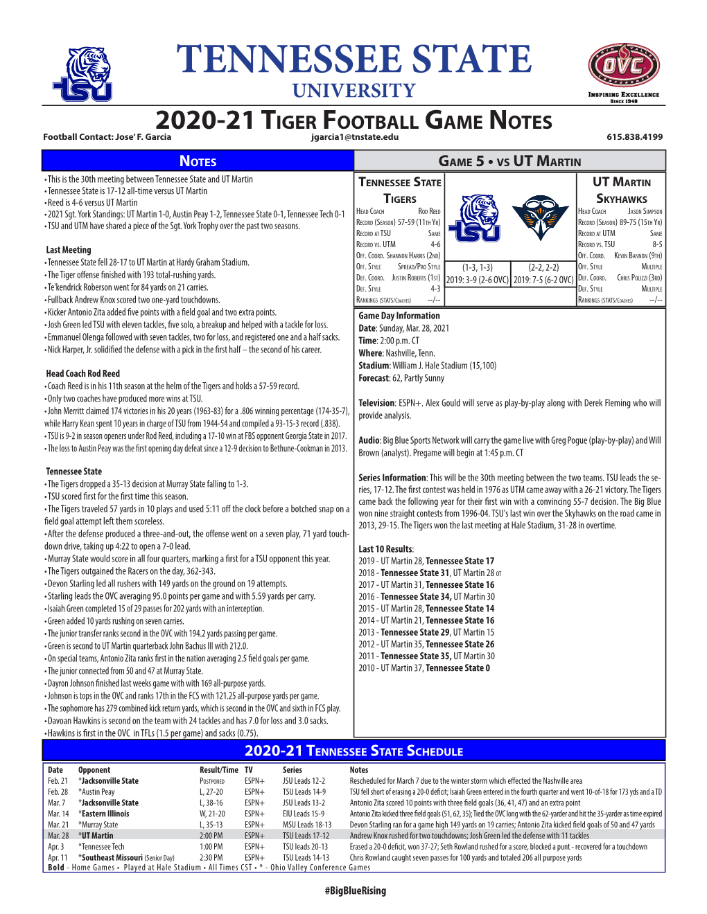 TENNESSEE STATE UNIVERSITY 2020-21 Tiger Football Game Notes Football Contact: Jose’ F