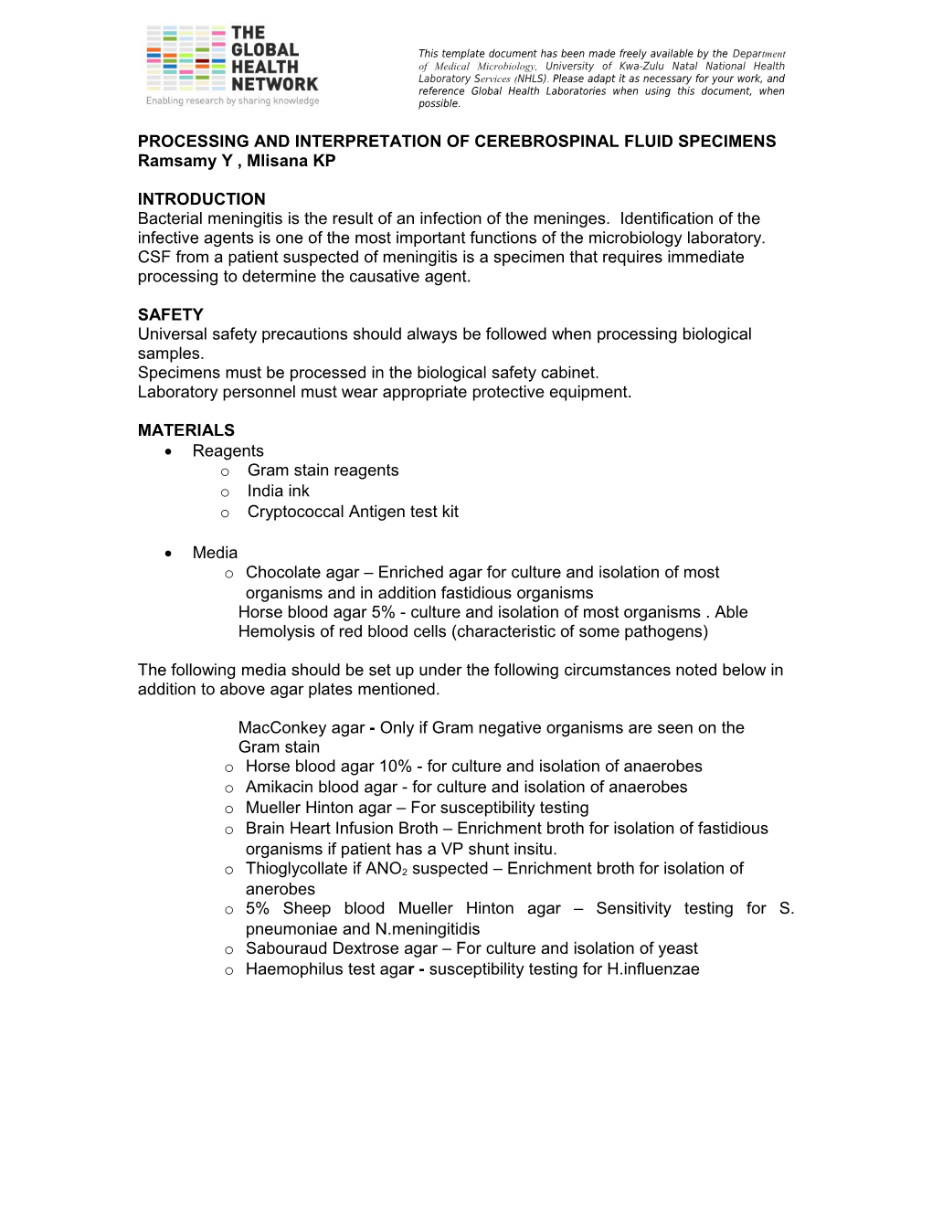 Processing and Interpretation of Cerebrospinal Fluid Specimens