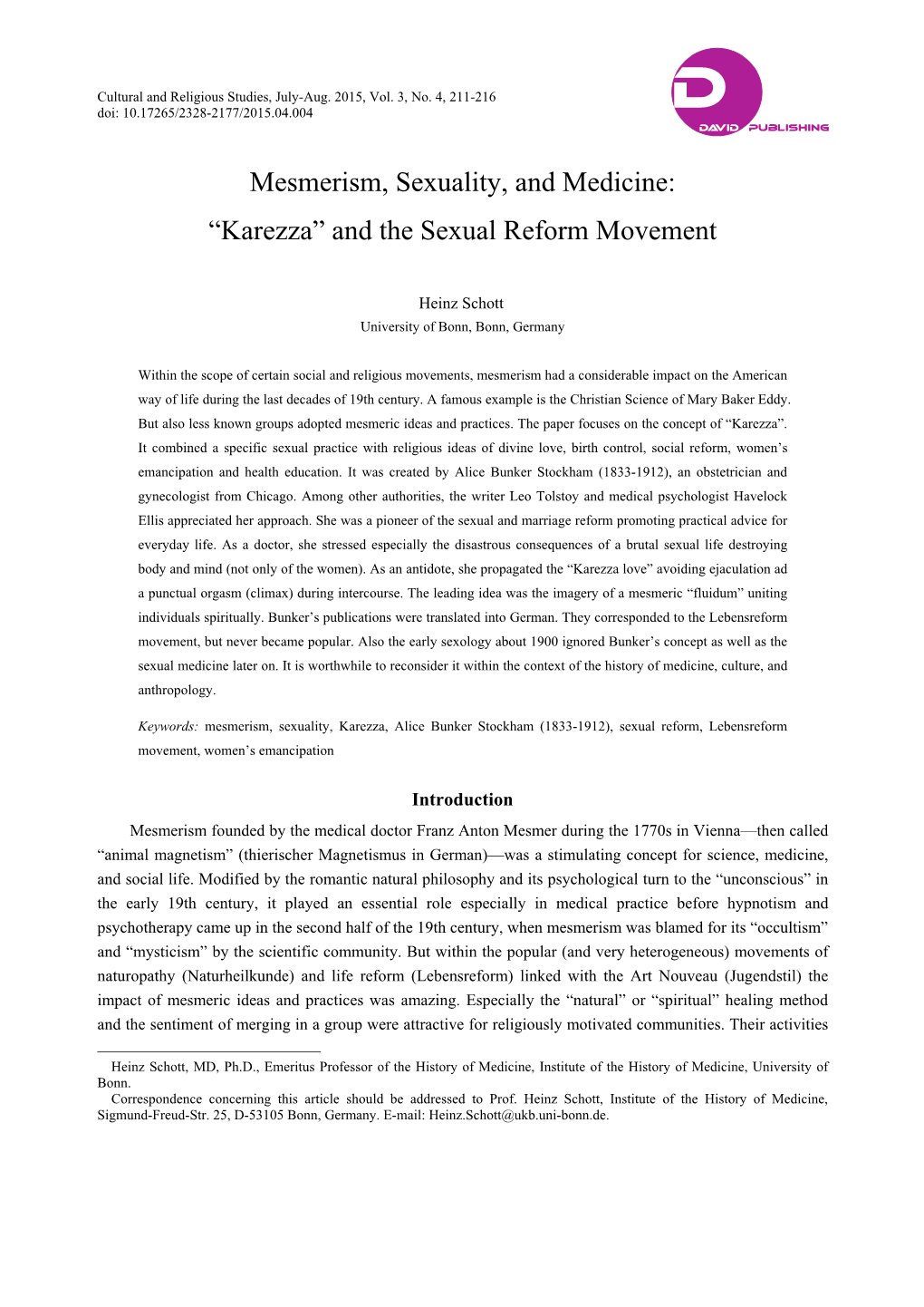 Karezza” and the Sexual Reform Movement