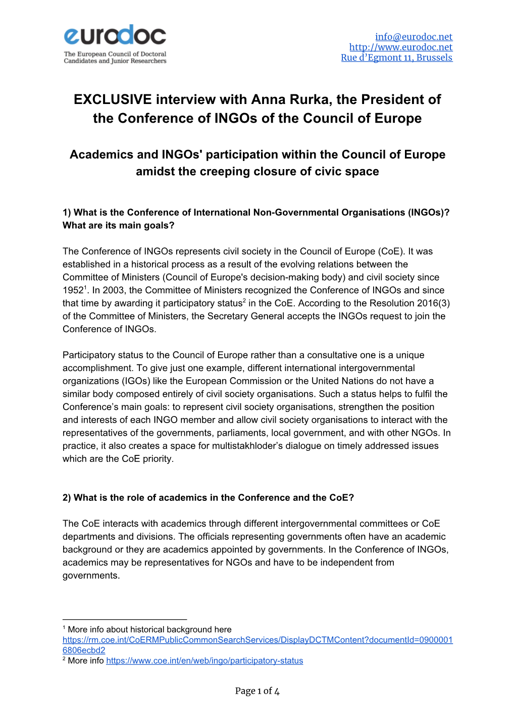 EXCLUSIVE Interview with Anna Rurka, the President of the Conference of Ingos of the Council of Europe