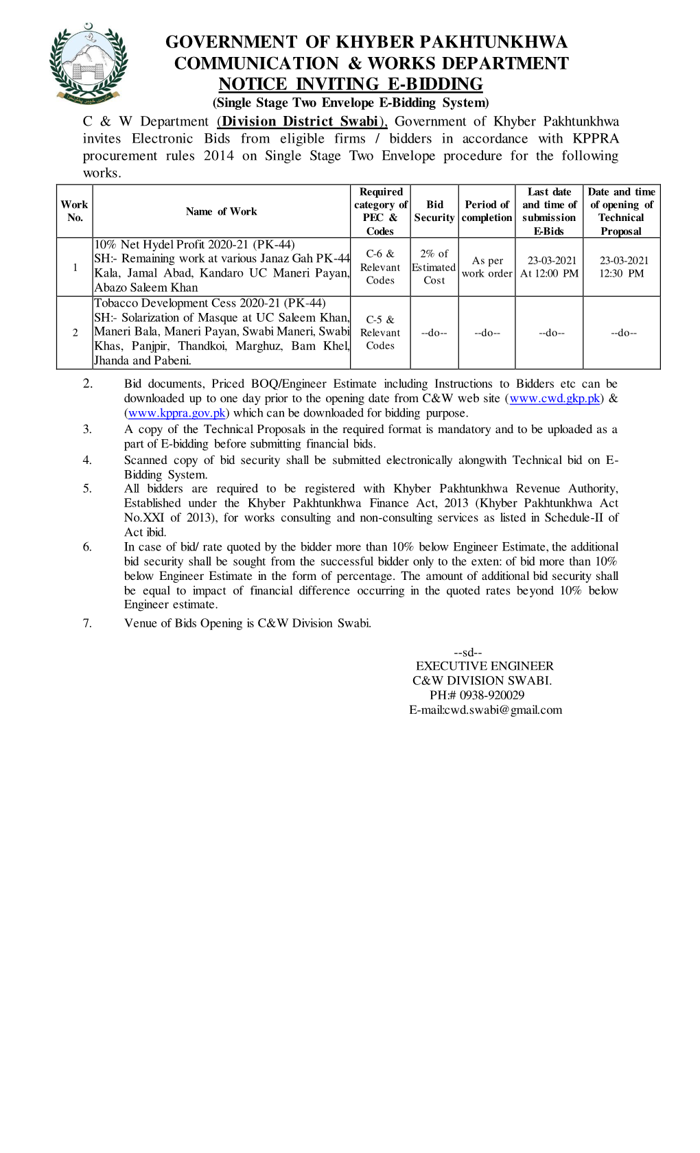 GOVERNMENT of KHYBER PAKHTUNKHWA COMMUNICATION & WORKS DEPARTMENT NOTICE INVITING E-BIDDING (Single Stage Two Envelope E-Bidding System)