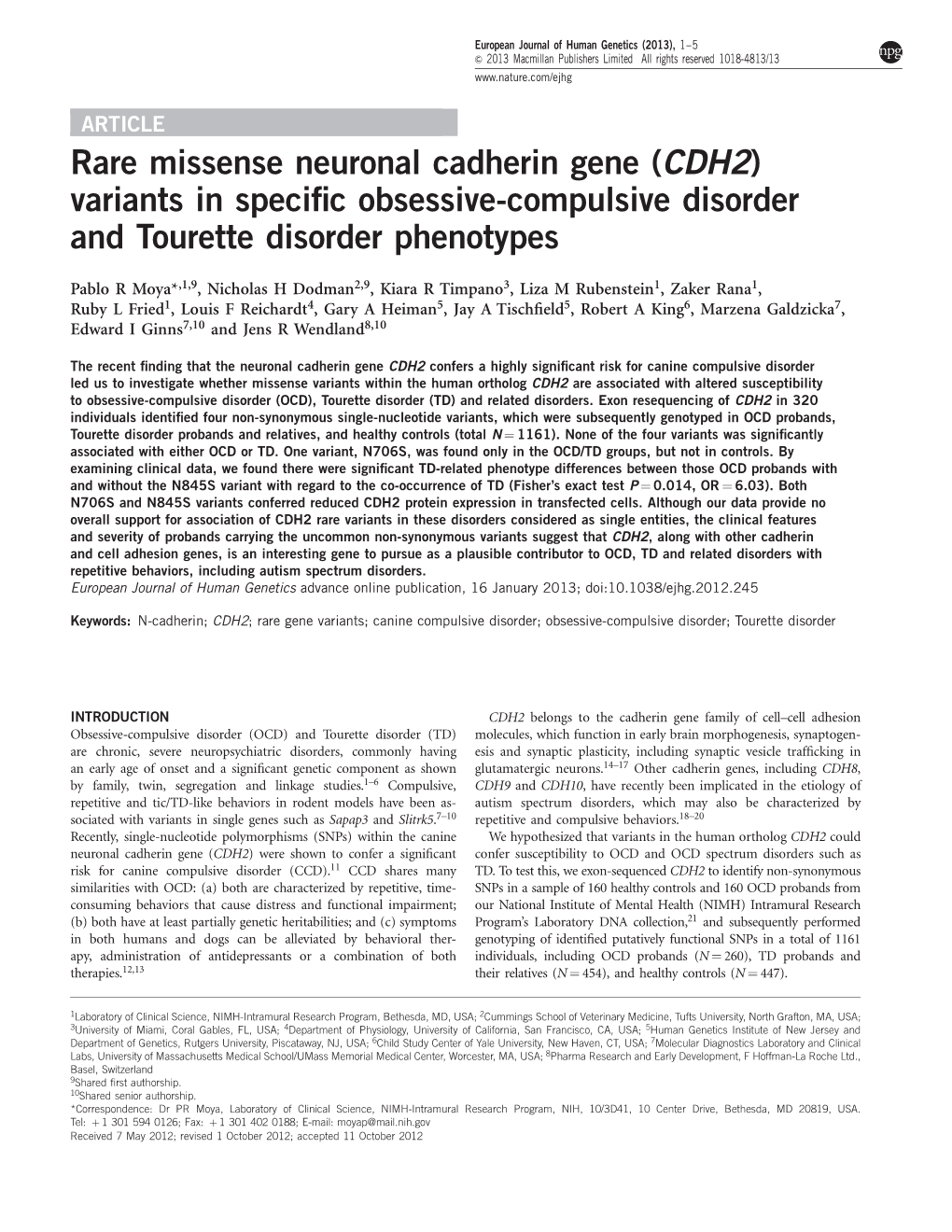 Rare Missense Neuronal Cadherin Gene (CDH2) Variants in Speciﬁc Obsessive-Compulsive Disorder and Tourette Disorder Phenotypes