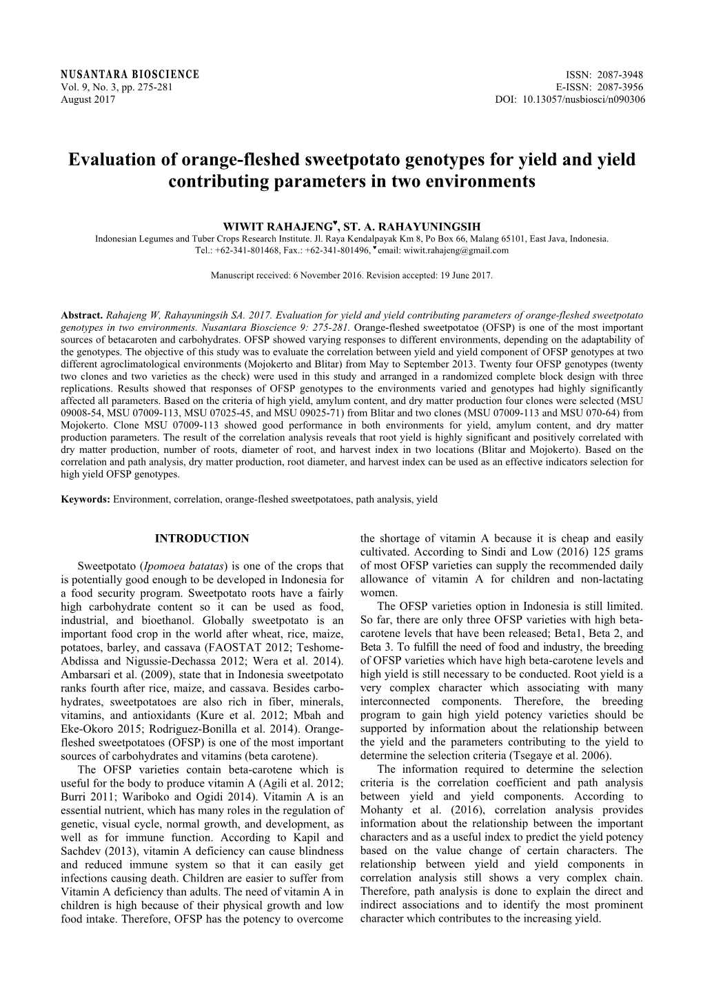 Evaluation of Orange-Fleshed Sweetpotato Genotypes for Yield and Yield Contributing Parameters in Two Environments