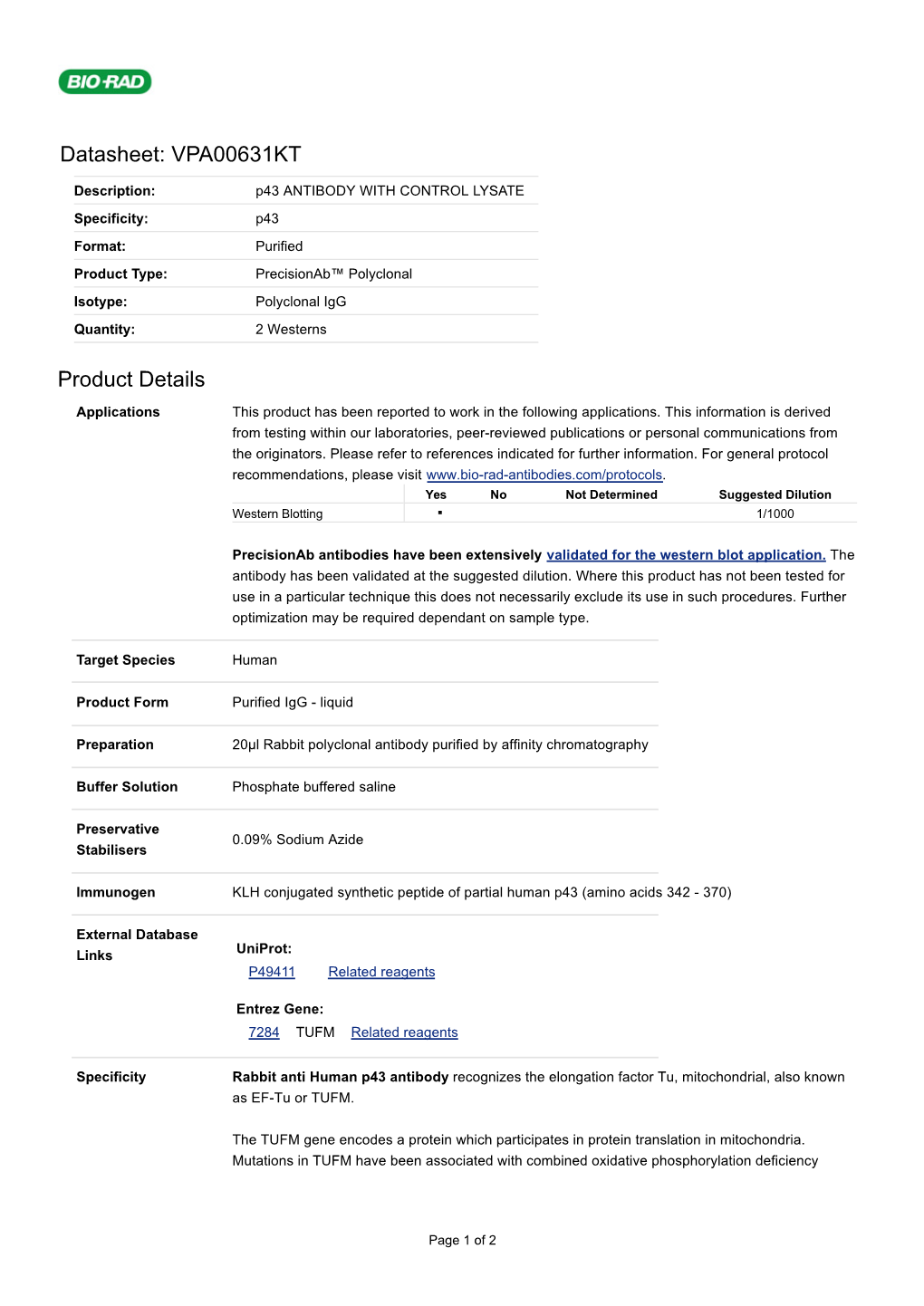 Datasheet: VPA00631KT Product Details