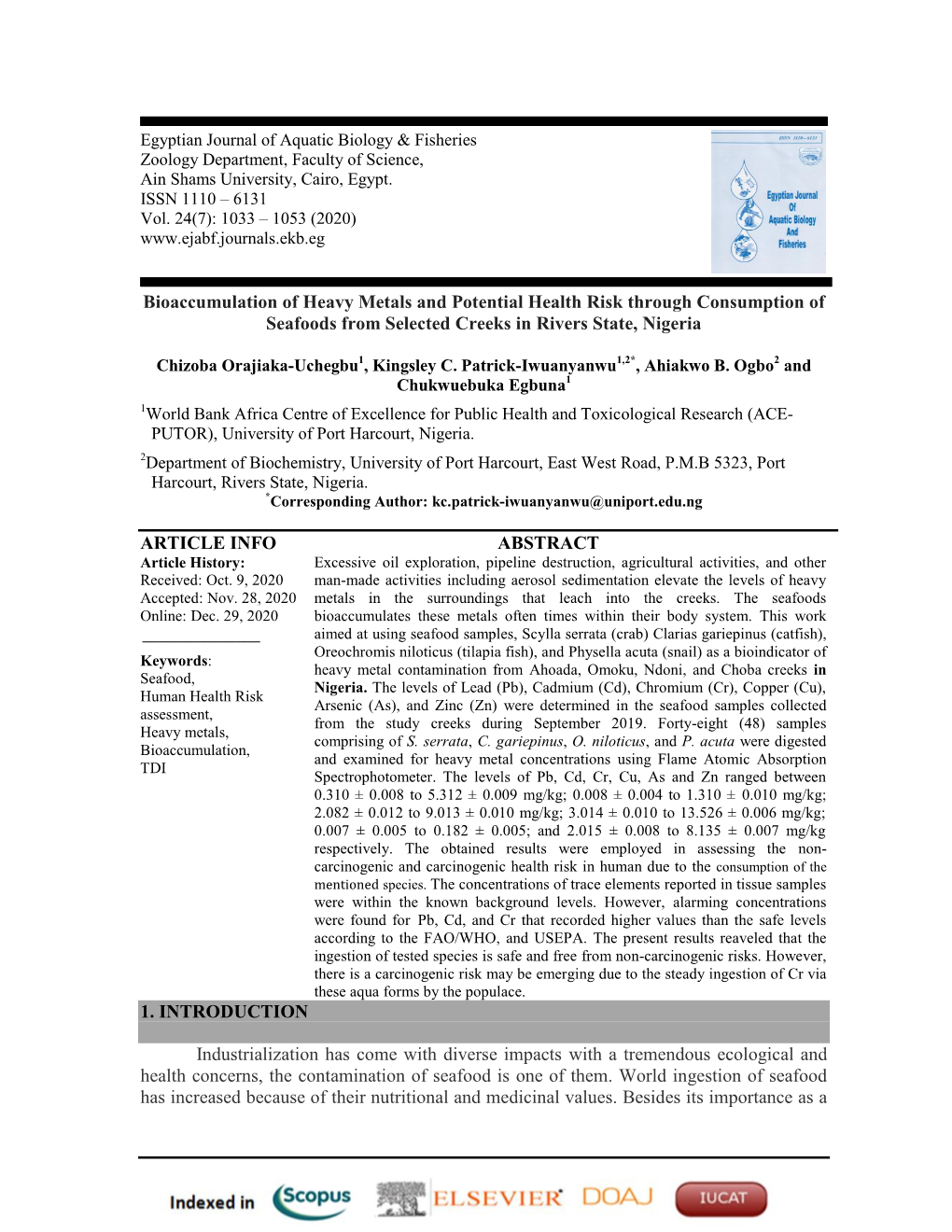 Bioaccumulation of Heavy Metals and Potential Health Risk Through Consumption of Seafoods from Selected Creeks in Rivers State, Nigeria