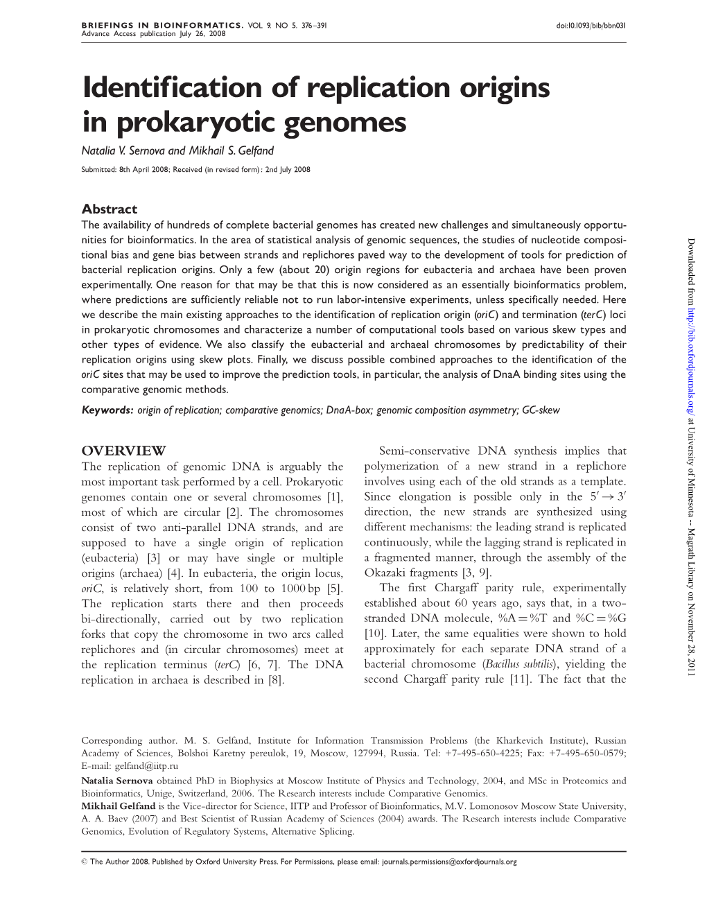Identification of Replication Origins in Prokaryotic Genomes Natalia V
