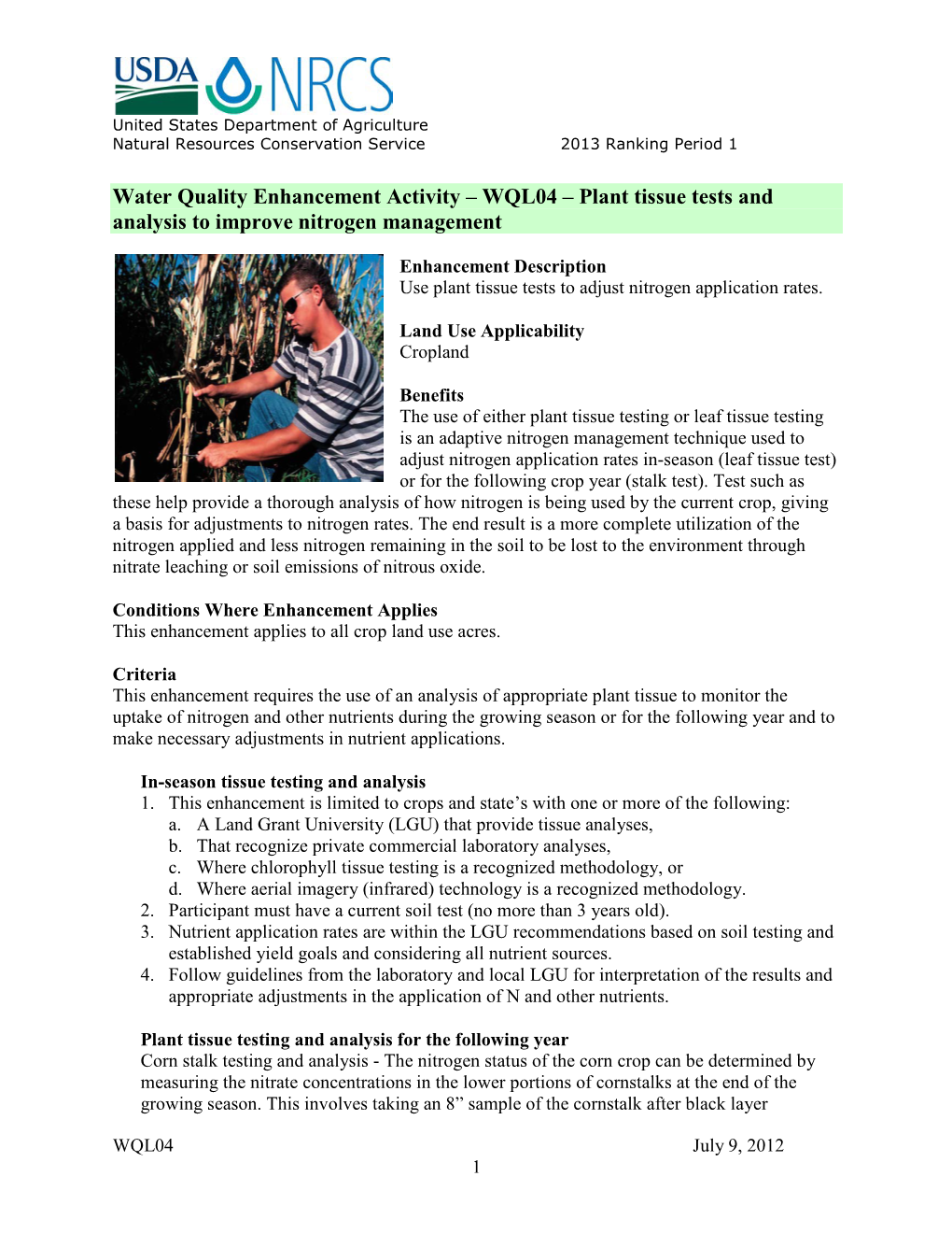 WQL04 – Plant Tissue Tests and Analysis to Improve Nitrogen Management