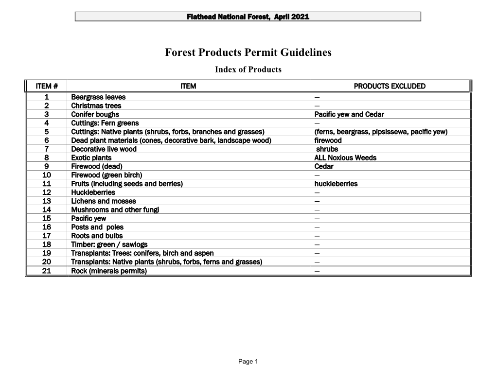 Forest Products Permit Guidelines Index of Products