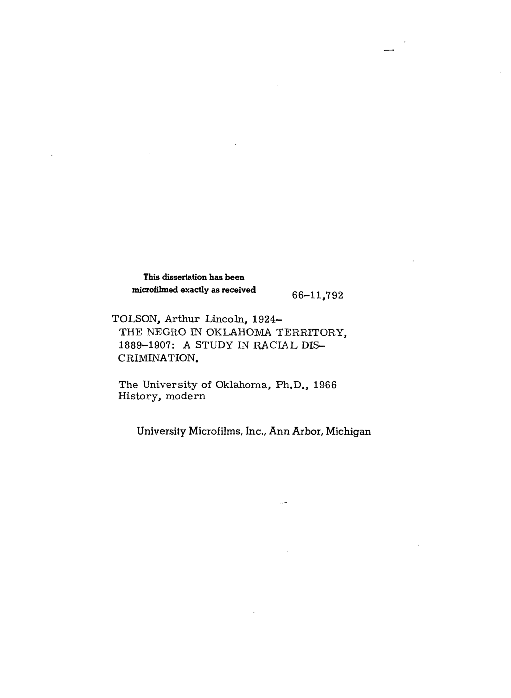 66-11,792 TOLSON, Arthur Lincoln, 1924— the NEGRO IN