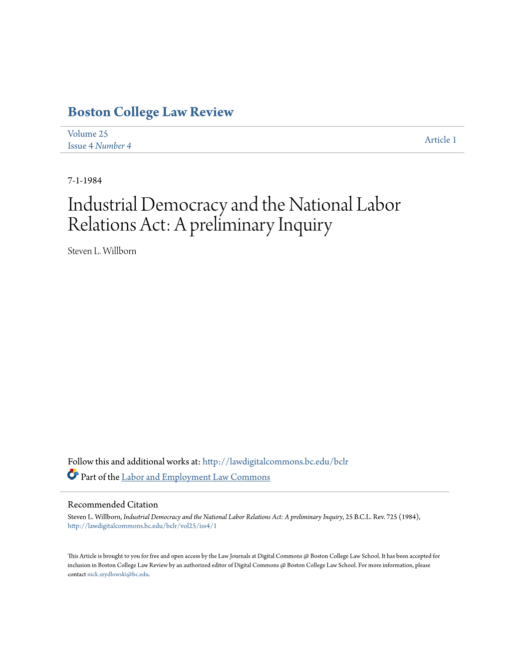 Industrial Democracy and the National Labor Relations Act: a Preliminary Inquiry Steven L