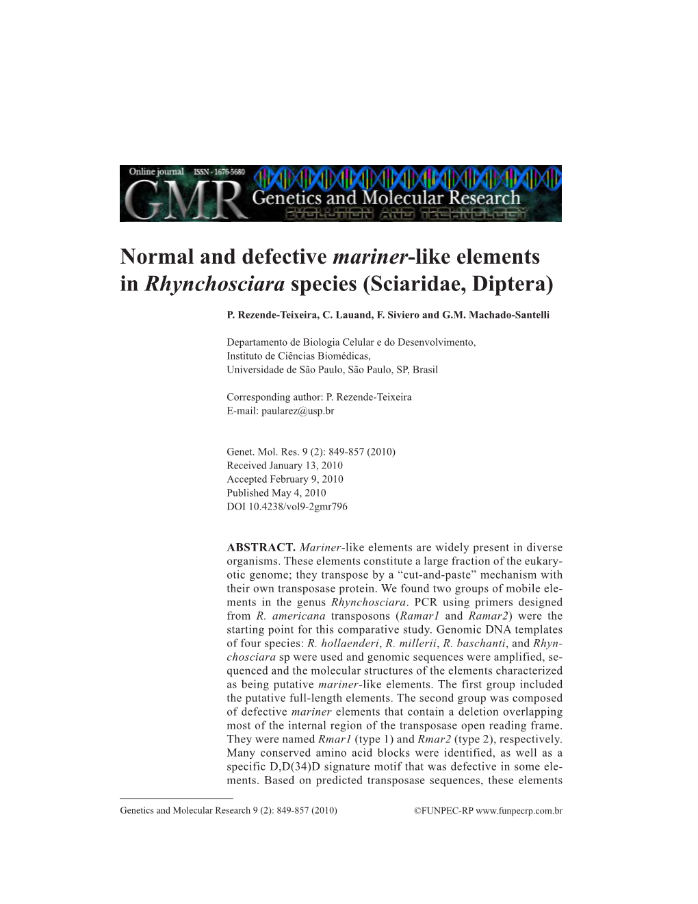 Normal and Defective Mariner-Like Elements in Rhynchosciara Species (Sciaridae, Diptera)