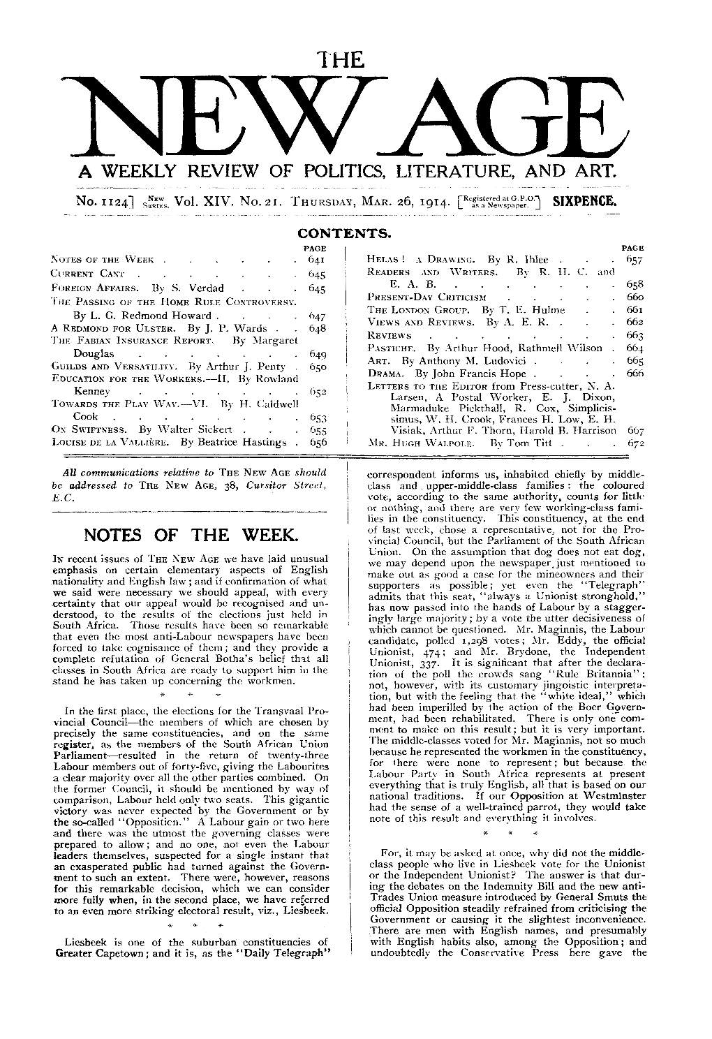 New Age, Vol. 14, No. 21, Mar. 26, 1914