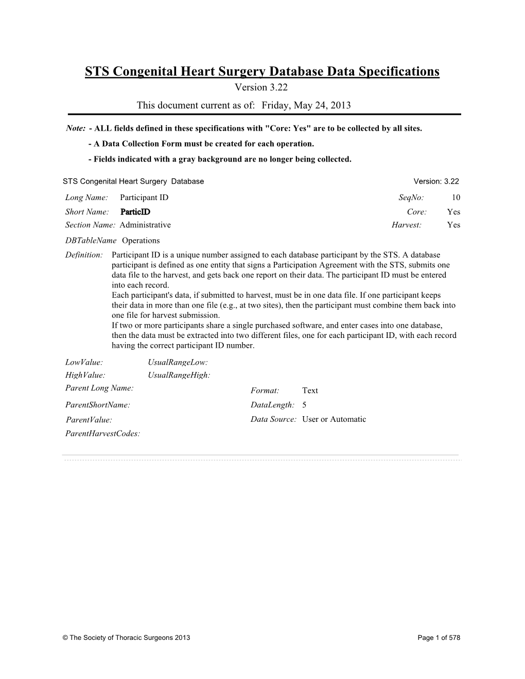 STS Congenital Heart Surgery Database Data Specifications Version 3.22 This Document Current As Of: Friday, May 24, 2013