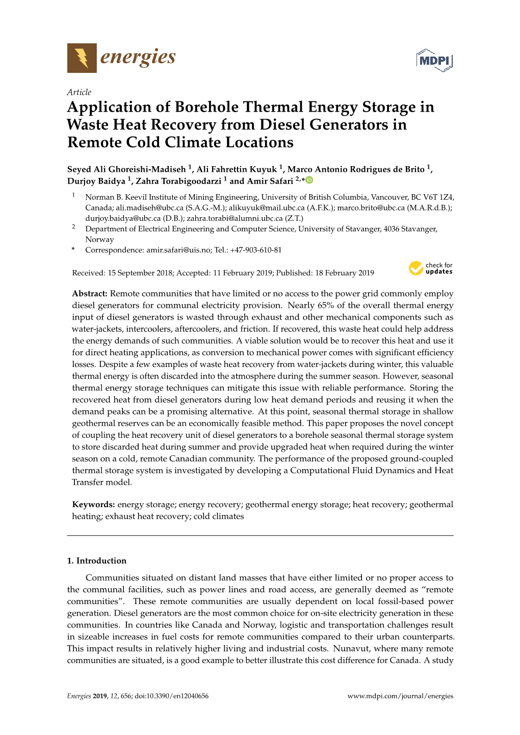 Application of Borehole Thermal Energy Storage in Waste Heat Recovery from Diesel Generators in Remote Cold Climate Locations