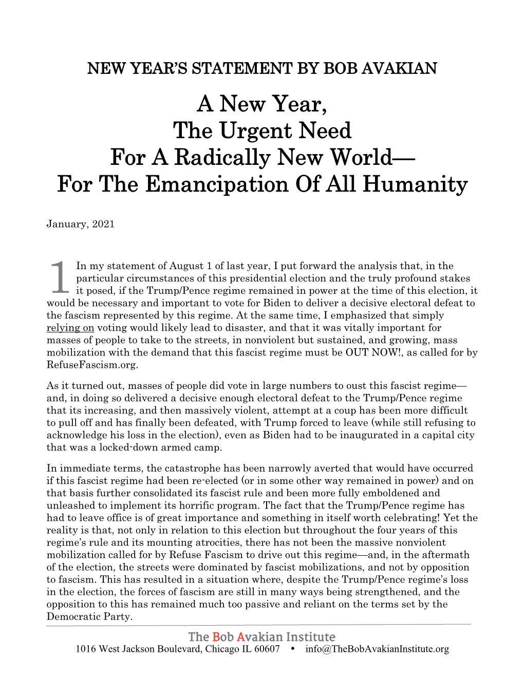 A New Year, the Urgent Need for a Radically New World— for the Emancipation of All Humanity