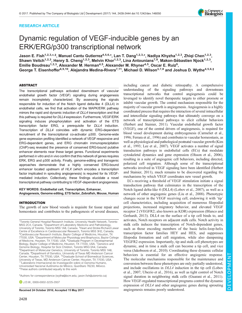 Dynamic Regulation of VEGF-Inducible Genes by an ERK/ERG/P300 Transcriptional Network Jason E