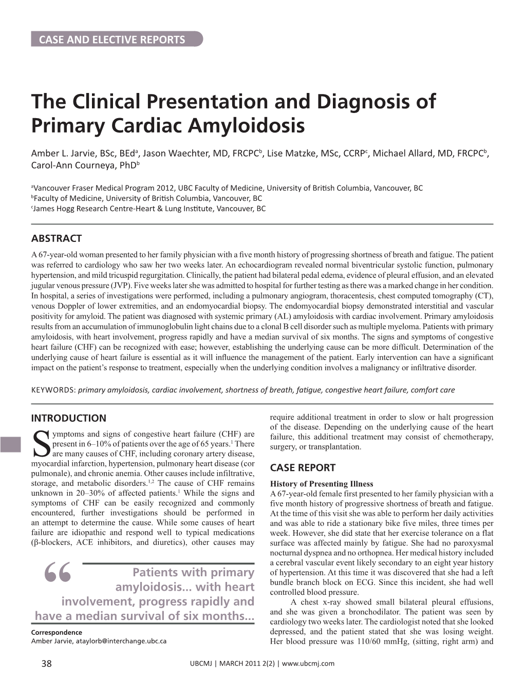 The Clinical Presentation and Diagnosis of Primary Cardiac Amyloidosis