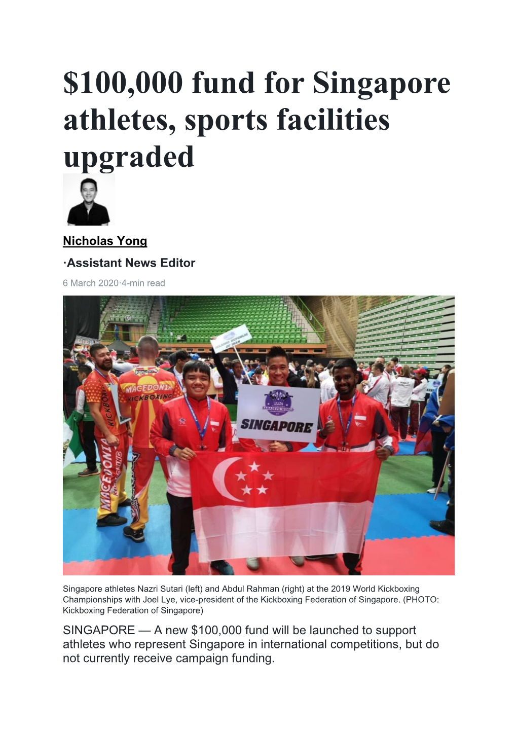 $100,000 Fund for Singapore Athletes, Sports Facilities Upgraded