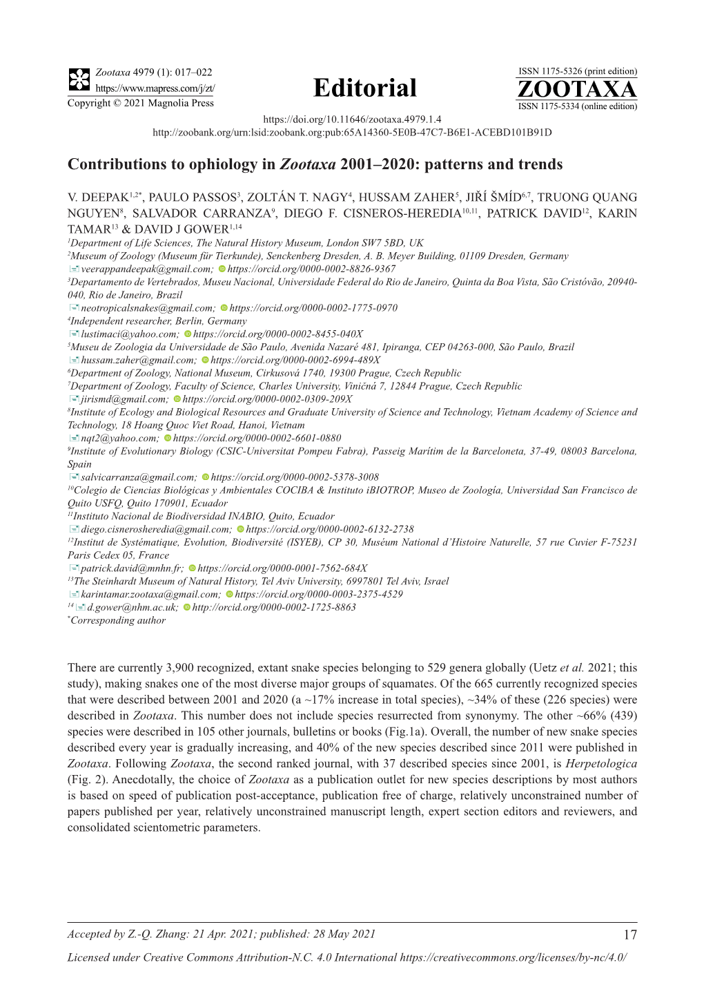 Contributions to Ophiology in Zootaxa 2001–2020: Patterns and Trends