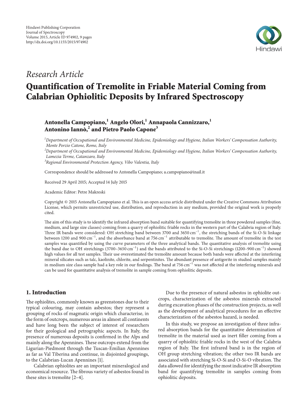 Quantification of Tremolite in Friable Material Coming from Calabrian Ophiolitic Deposits by Infrared Spectroscopy